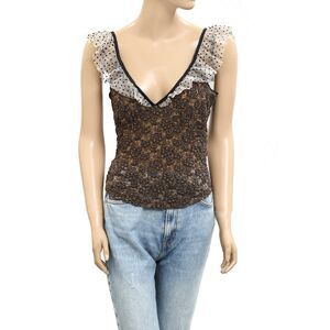 Free People Polka Tank Blouse Cropped Top Ruffle Mesh Sleeveless Sheer M 279236